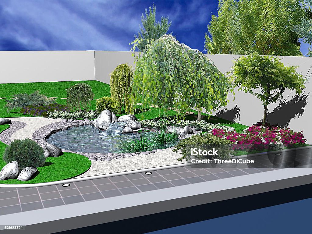Backyard Pond Rendering Hardscapes And Koi Pond 3d Rendering Stock Photo - Download Image Now ...
