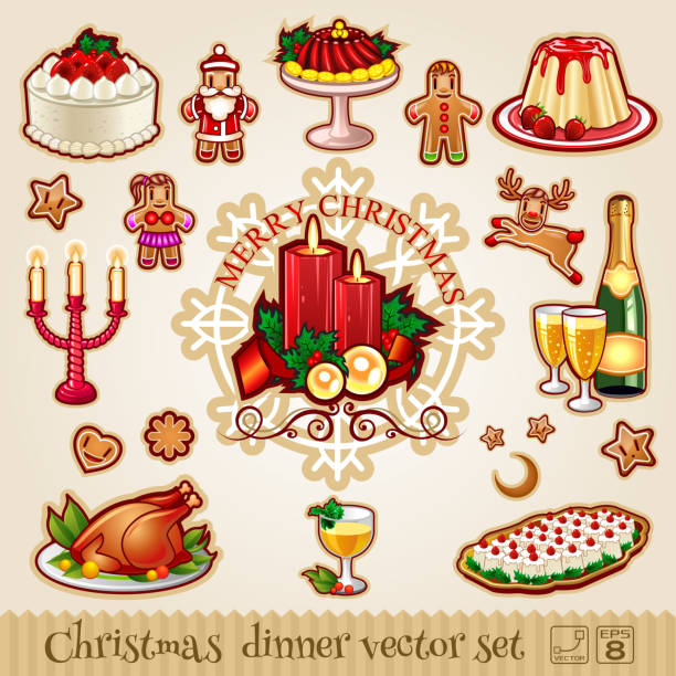 Christmas food and desserts Collection of Christmas food and desserts in vector. 8 EPS banquet chairs stock illustrations