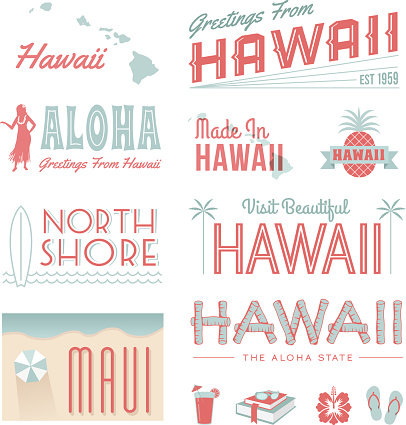 A set of vintage-style icons and typography representing the state of Hawaii. Each items is on a separate layer. Includes a layered Photoshop document. Ideal for both print and web elements.