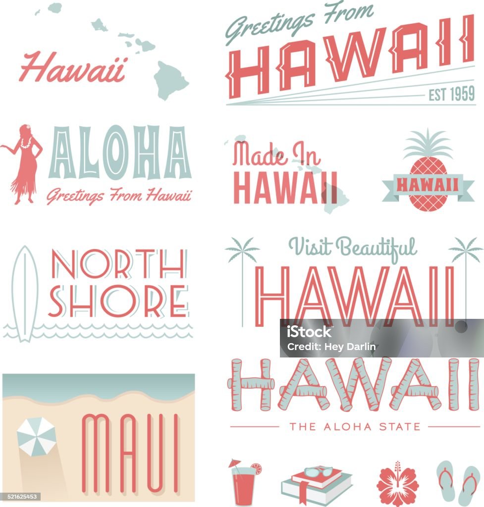Hawaii Text A set of vintage-style icons and typography representing the state of Hawaii. Each items is on a separate layer. Includes a layered Photoshop document. Ideal for both print and web elements. Big Island - Hawaii Islands stock vector