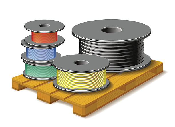 Different cables are on wooden pallet. Different kinds of cables are on wooden pallet on white background. wooden spool stock illustrations