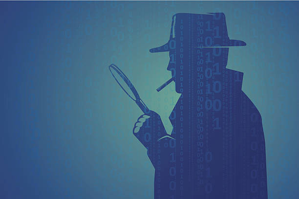 Cyber inspector looking through magnifying lens Cyber inspector theme vector illustration with digital numbers. EPS10. This illustration contains transparent and blending mode objects. Included files; Aics3 and Hi-res jpg. internet silhouettes stock illustrations