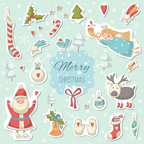 스티커 크리스마스 말풍선이 있는 산타 클로스 - bird christmas holly christmas stocking stock illustrations