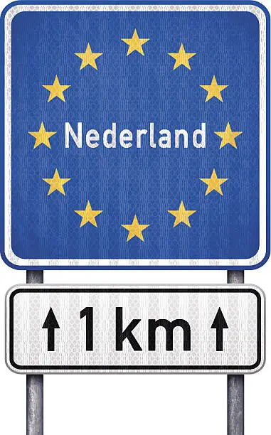 Vector illustration of Netherlands border traffic sign with white 1 km ahead sign