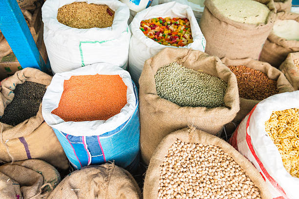 istock Full bags of grain on market 521653959