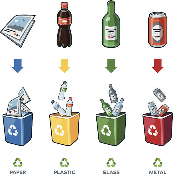 Recycling Bins for Paper Plastic Glass Metal Trash Four recycling bins illustration with paper, plastic, glass and metal separation. red white blue bike stock illustrations