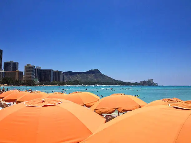 Beautiful Waikiki Beach and Diamondhead on a sunny afternoon.