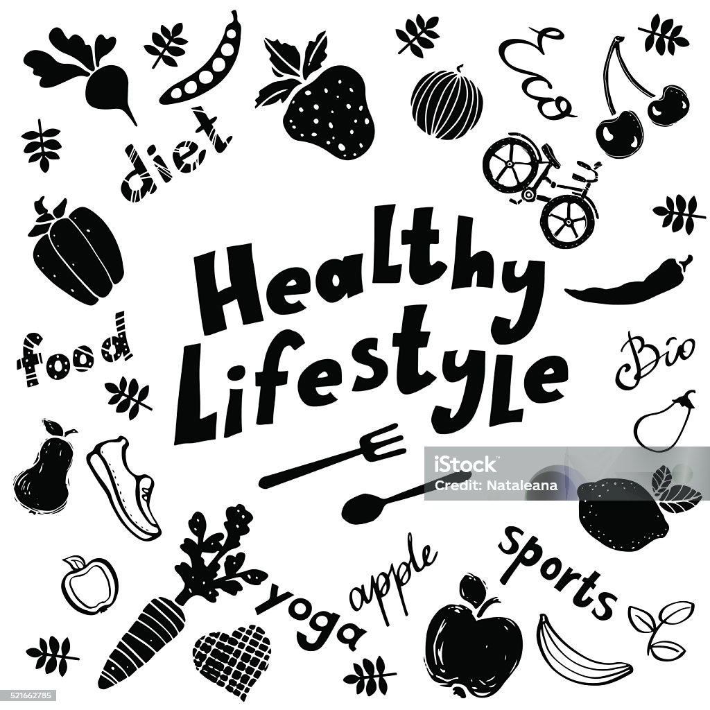 Healthy lifestyle funny icons Healthy lifestyle funny icons black silhouettes set isolated on a white background - vector artwork Alphabet stock vector