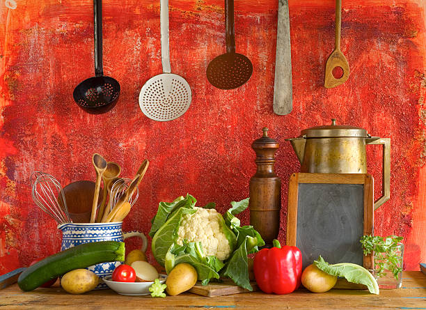 istock black board for recipe, kitchen utensils and vegetables, free co 521682973