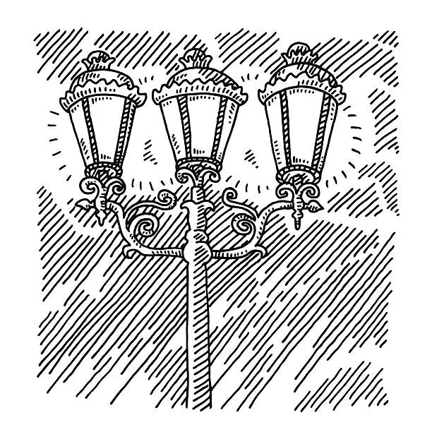 Vector illustration of Old Fashioned Street Lights Night Drawing