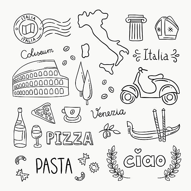 이탈리어 손 드로잉 아이콘 및 벡터 일러스트 - italian culture stock illustrations