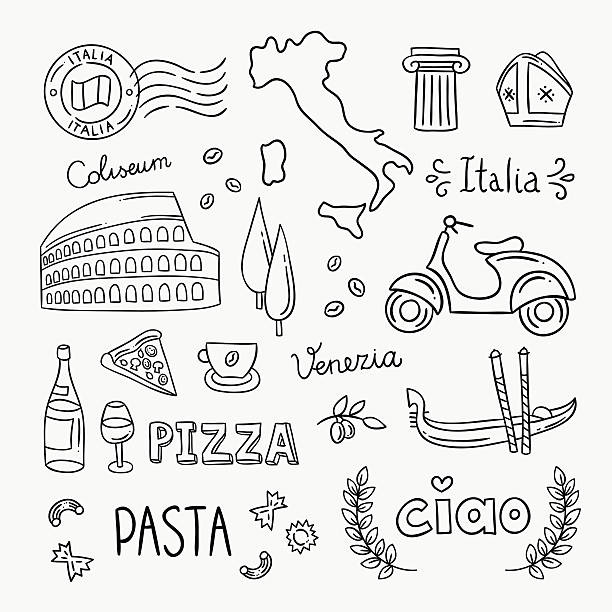 Italy hand drawn icons and vector illustrations Italy hand drawn icons and vector illustrations. Italy pizza, pasta, travel icons, architecture, food, drink. Italian symbols outline drawing clipart map clipart stock illustrations