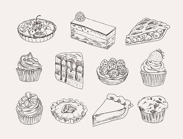 Vintage bakery set. Sweet pastry: cakes, tarts, cupcakes, pies Vintage bakery hand drawn illustration vector set. Sweet pastry, pies, tarts, cupcakes outline drawing Pastry stock illustrations