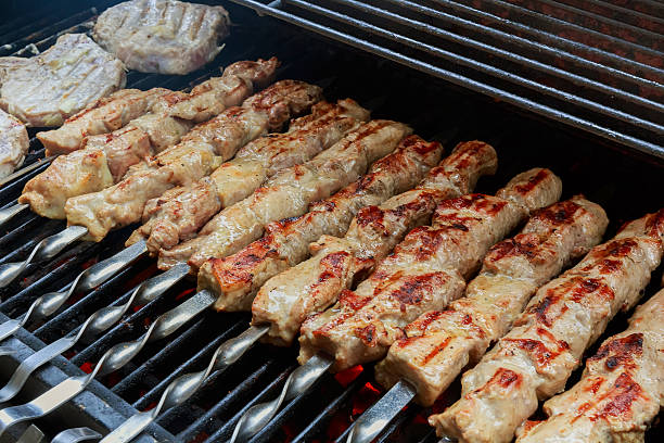 istock fresh hot grilled chicken shish kebab barbecue on grid over 521687224