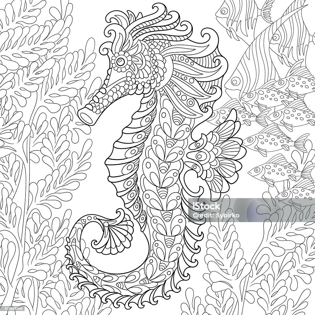 Hand drawn stylized seahorse Hand drawn stylized cartoon seahorse and tropical fish among seaweed. Sketch for adult antistress coloring book pages, T-shirt emblem, logo or tattoo with design elements. Adult stock vector