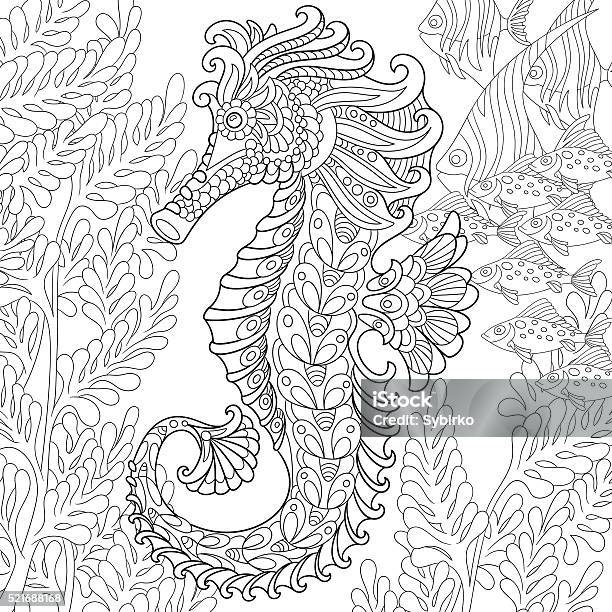Hand Drawn Stylized Seahorse Stock Illustration - Download Image Now - Adult, Coloring Book Page - Illlustration Technique, Coloring