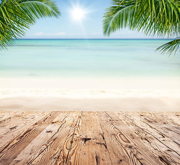 istock Empty wooden planks with blur beach on background 521688526