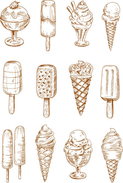 refreshing ice cream and popsicles sketches - meyveli buz illüstrasyonlar stock illustrations