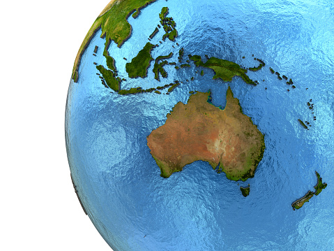 Australasia on detailed model of planet Earth with continents lifted above blue ocean waters. Elements of this image furnished by NASA.
