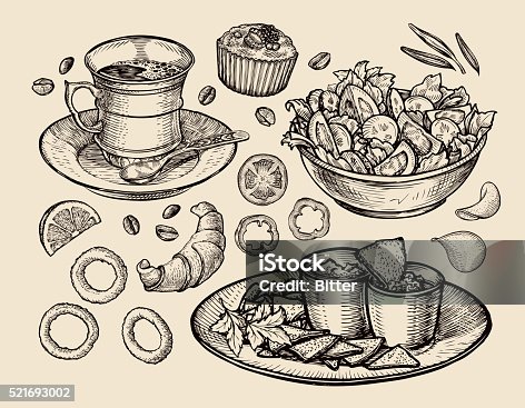 istock fast food. hand drawn cup coffee, tea, vegetable salad, nachos 521693002