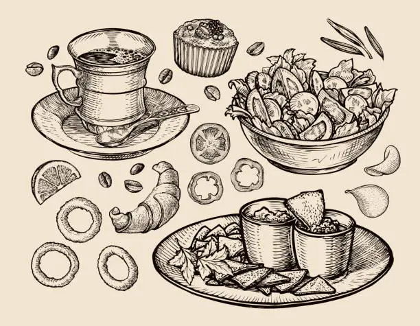 Vector illustration of fast food. hand drawn cup coffee, tea, vegetable salad, nachos