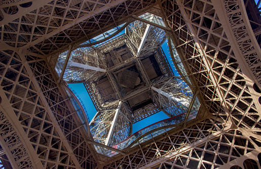 Low angle view of Eiffel tower. Horizontal composition.  Image developed from RAW format.
