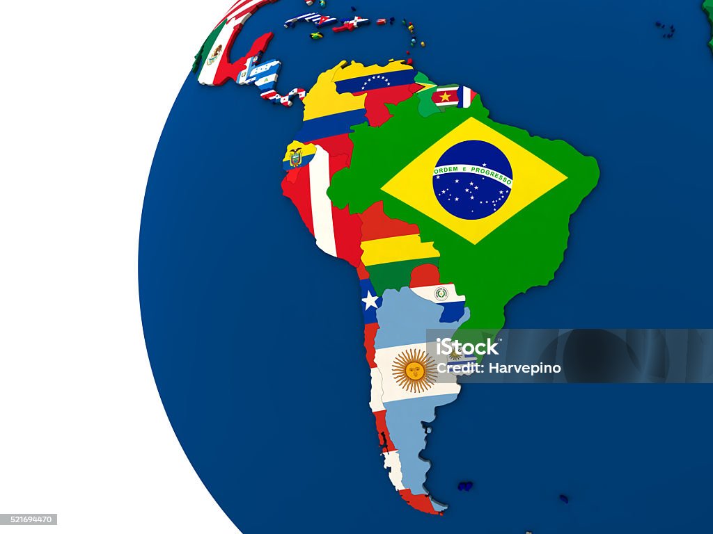 Political south America map Political map of south America with each country represented by its national flag. 3D Illustration. Latin America Stock Photo