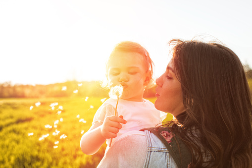 Smiling mother and her baby girl on a field on a bright sunny day. They are blowing dandelion.