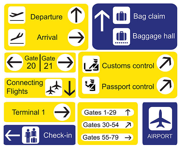 ilustraciones, imágenes clip art, dibujos animados e iconos de stock de señales hacia el aeropuerto. - airport sign