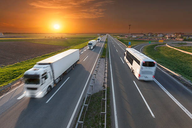 White truck and bus on the highway at sunset