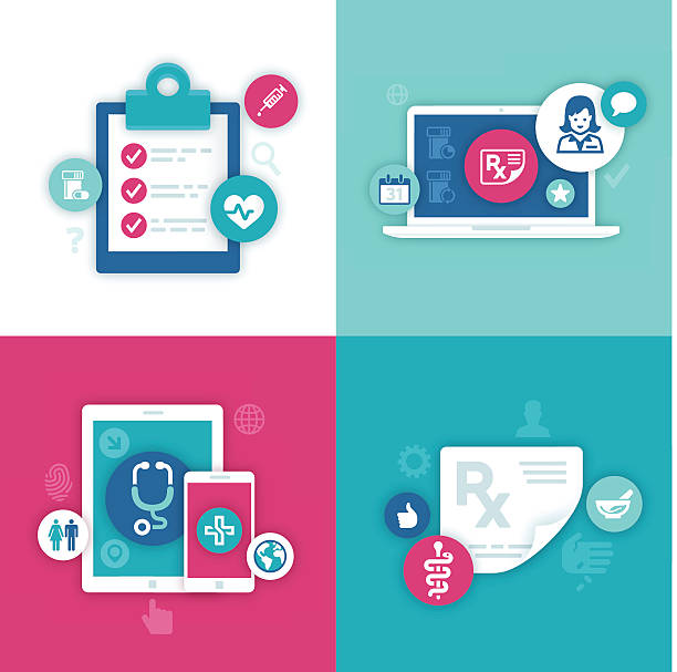 Health Information Symbols Flat design electronic health records, data and health information symbol backgrounds with space for your copy. EPS 10 file. Transparency effects used on highlight elements. medicare icons stock illustrations