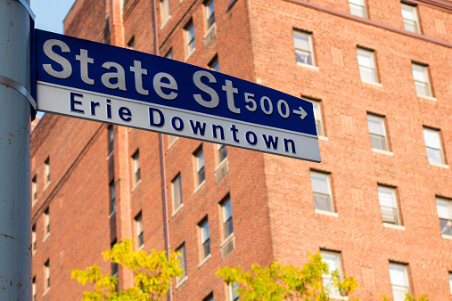 Street name sign in downtown, Erie, Pennylvania, USA