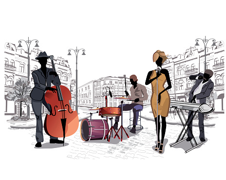 Series of the streets with musicians in the old city. Old town views and street cafes. Hand drawn Vector Illustration. 