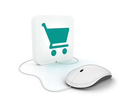 3D white mouse with shopping cart icon