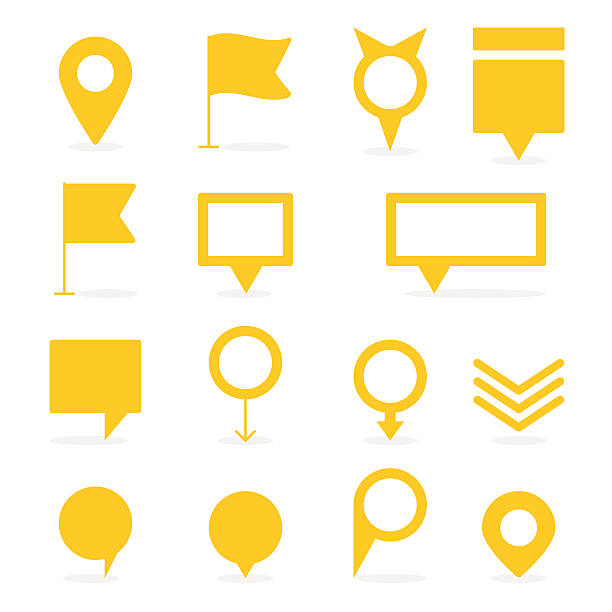 Set of yellow isolated pointers and markers different shapes Set of yellow isolated pointers and markers different shapes with shadow vector pin entry stock illustrations