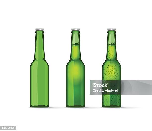 Green Beer Bottles Set With Bubbles Full And Empty Stock Illustration - Download Image Now