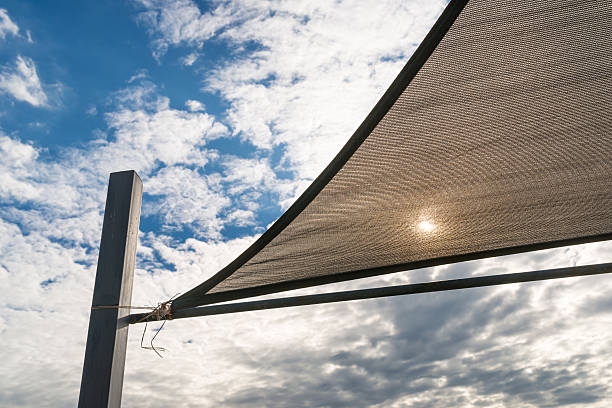 istock Sunshade in sails shape and blue sky background 521705826