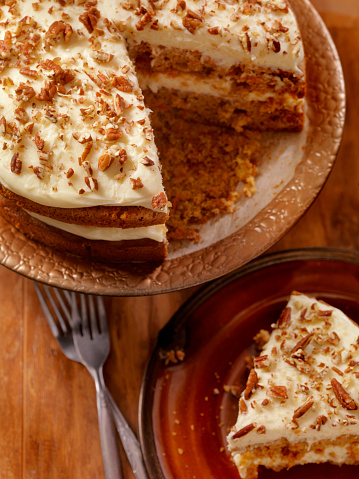 Carrot Cake with Cream Cheese Icing and Pecans -Photographed on Hasselblad H3D2-39mb Camera