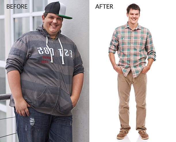 Looking good! Before and after shot of a young man's weight loss before and after weight loss man stock pictures, royalty-free photos & images