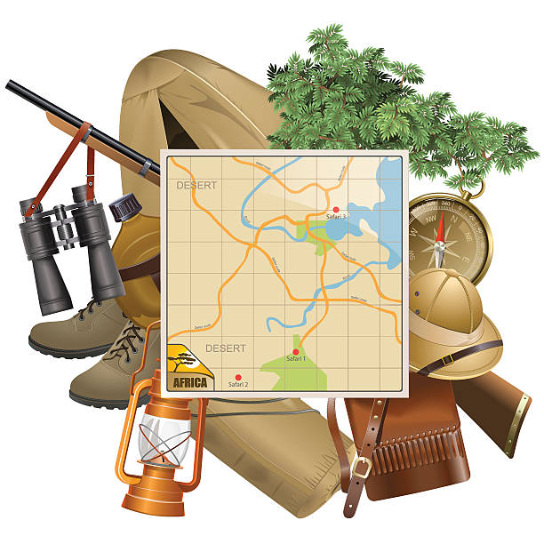wektor polowanie w afryce koncepcja z mapy - discovery binoculars boy scout searching stock illustrations