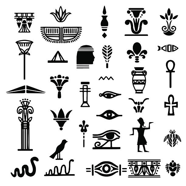 이집트어 아이콘 세트 블랙 실루엣, hieroglyphs - egyptian culture hieroglyphics human eye symbol stock illustrations