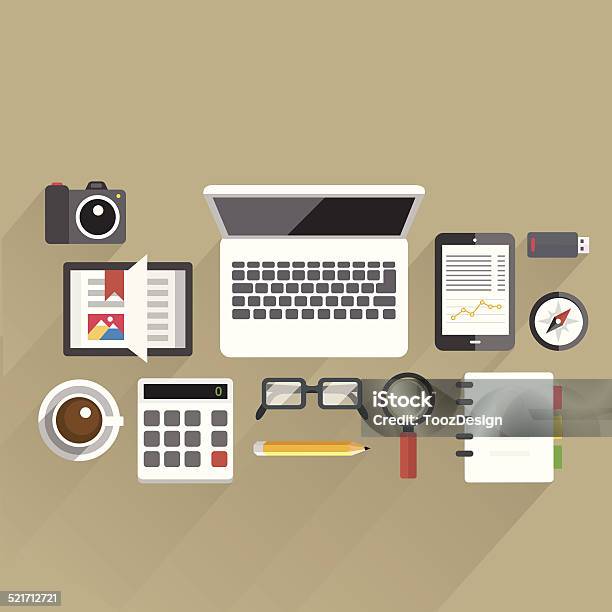 Flattableoffice04 Stock Illustration - Download Image Now - Analyzing, Backgrounds, Book