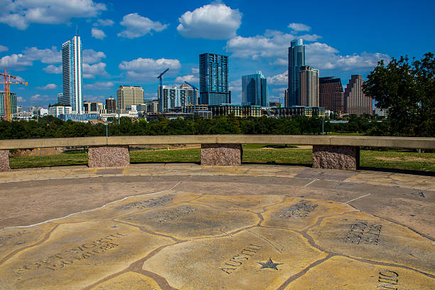 istock Concrete Map of Austin Texas right in front of Downtown Skyline 521713031