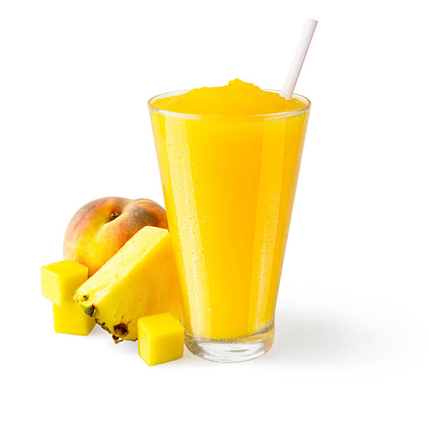 istock Peach Mango Pineapple Tropical Smoothie Drink on White Background 521714201