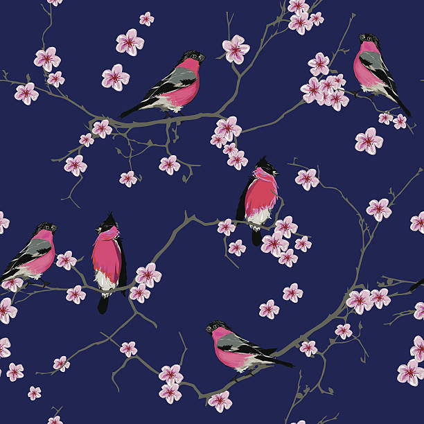 illustrazioni stock, clip art, cartoni animati e icone di tendenza di bullfinches sul ramo di sakura viola seamless pattern di vettoriale - spring birdsong bird seamless