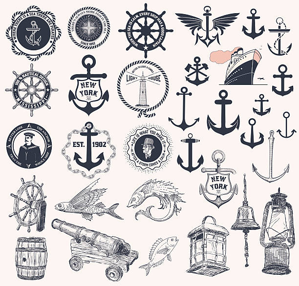 ilustrações de stock, clip art, desenhos animados e ícones de vector.  conjunto de elementos náuticos - nautical vessel pattern rope tattoo