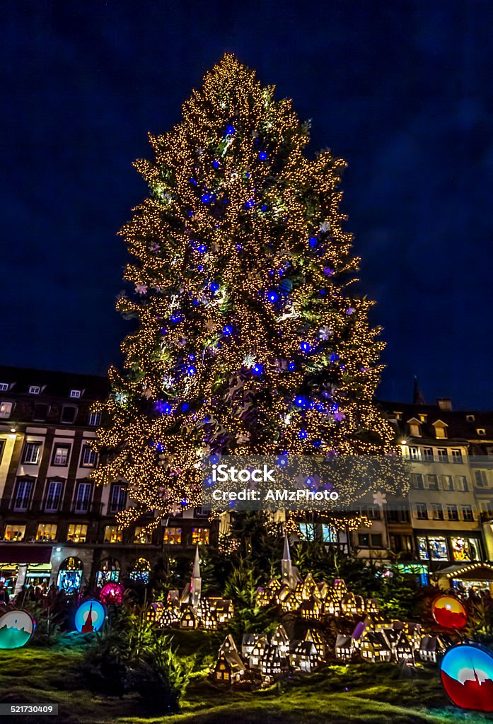 Strasbourg's Christmas Tree and Village Strasbourg's Christmas Tree and miniature village at night Strasbourg Stock Photo