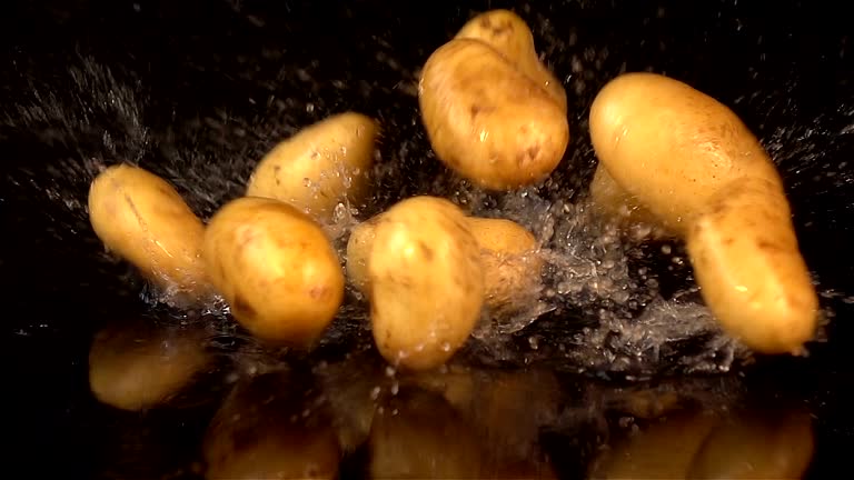 Three videos of falling potatoes in real slow motion