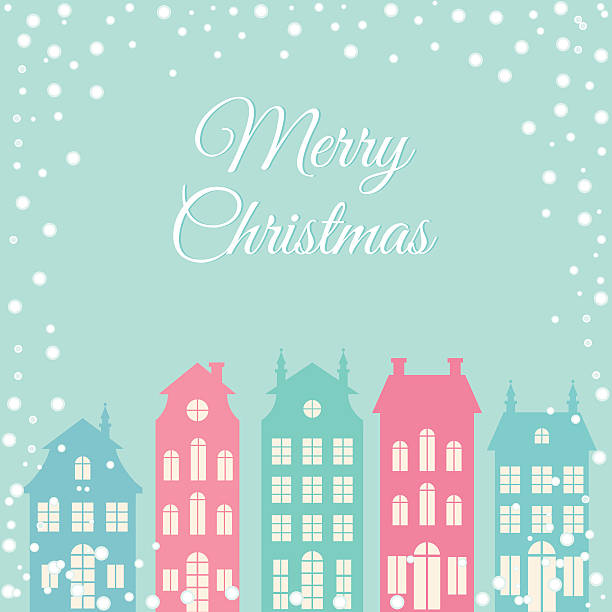 Christmas greeting card with houses silhouettes vector art illustration