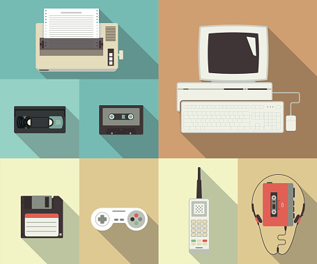 Back to nineties vector conceptual flat set of printer, computer, video cassette, floppy disk, telephone and player with headset